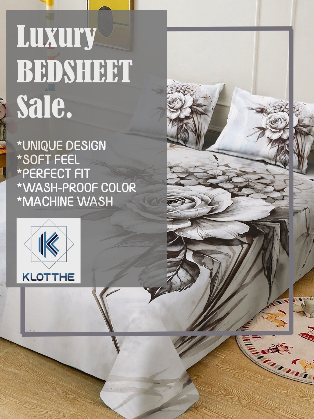 Grey Digital Floral Printed Cotton Blend Fitted Double Bedsheet with 2 Pillow Covers
