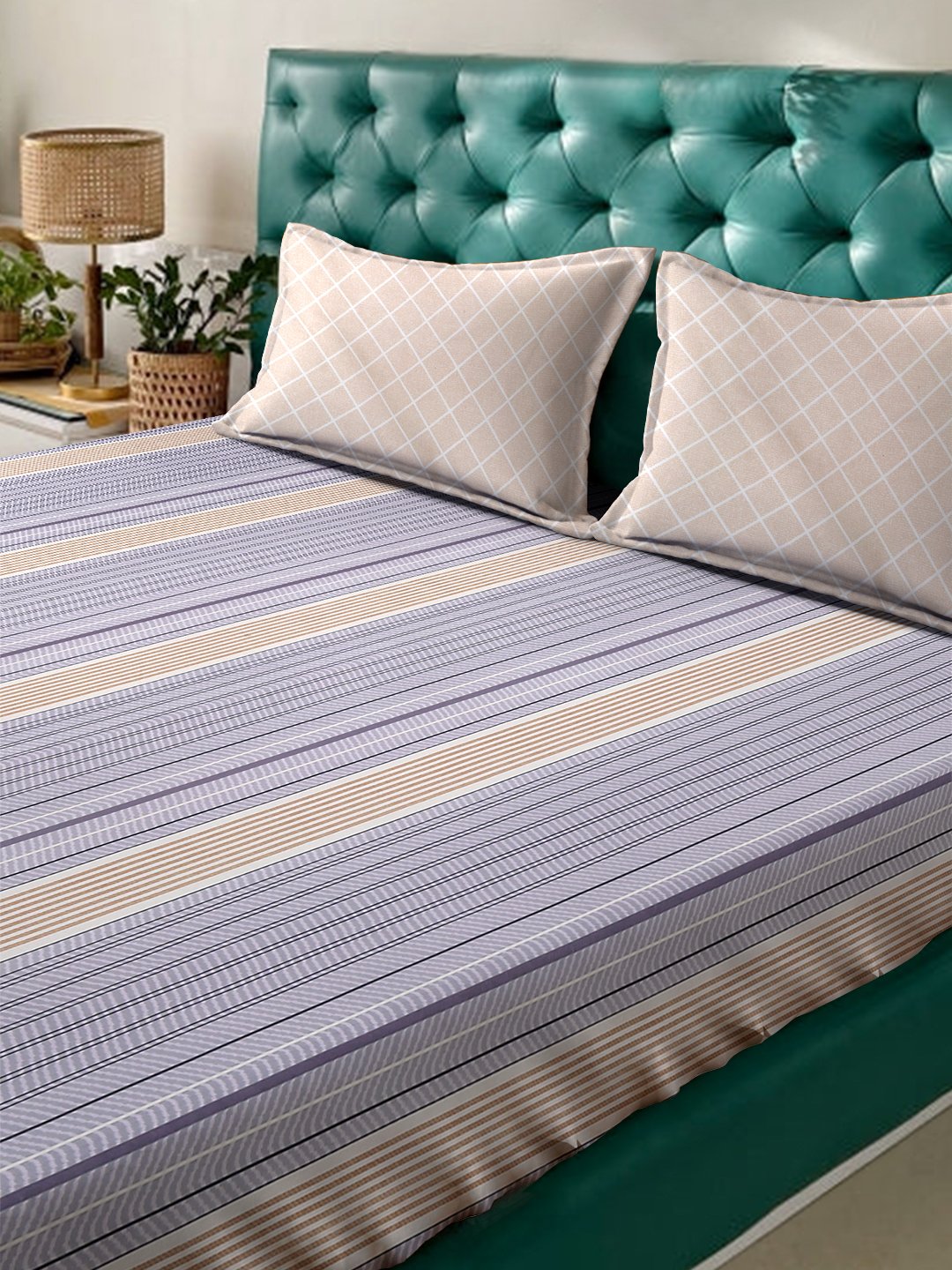 Purple Striped 300 TC Cotton Blend Fitted Double Bedsheet with 2 Pillow Covers