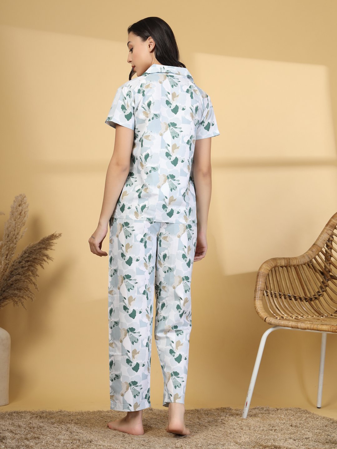 Women Green Abstract Cotton Blend Night Suit