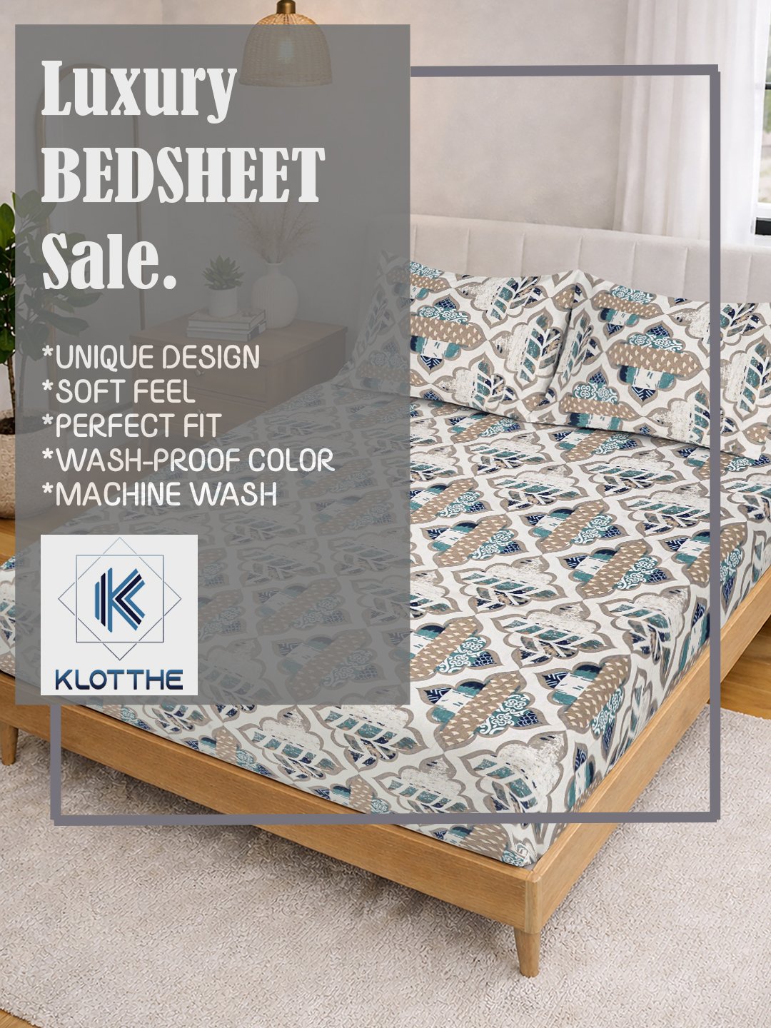 Cream Geometric Cotton Blend Fitted Double Bedsheet with 2 Pillow Covers