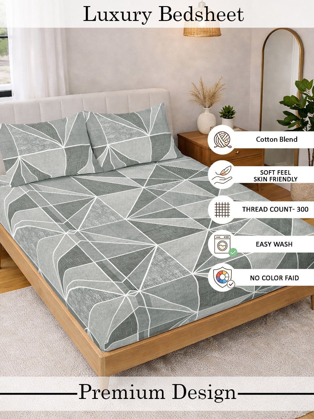 Grey Geometric Cotton Blend Double Bedsheet with 2 Pillow Covers