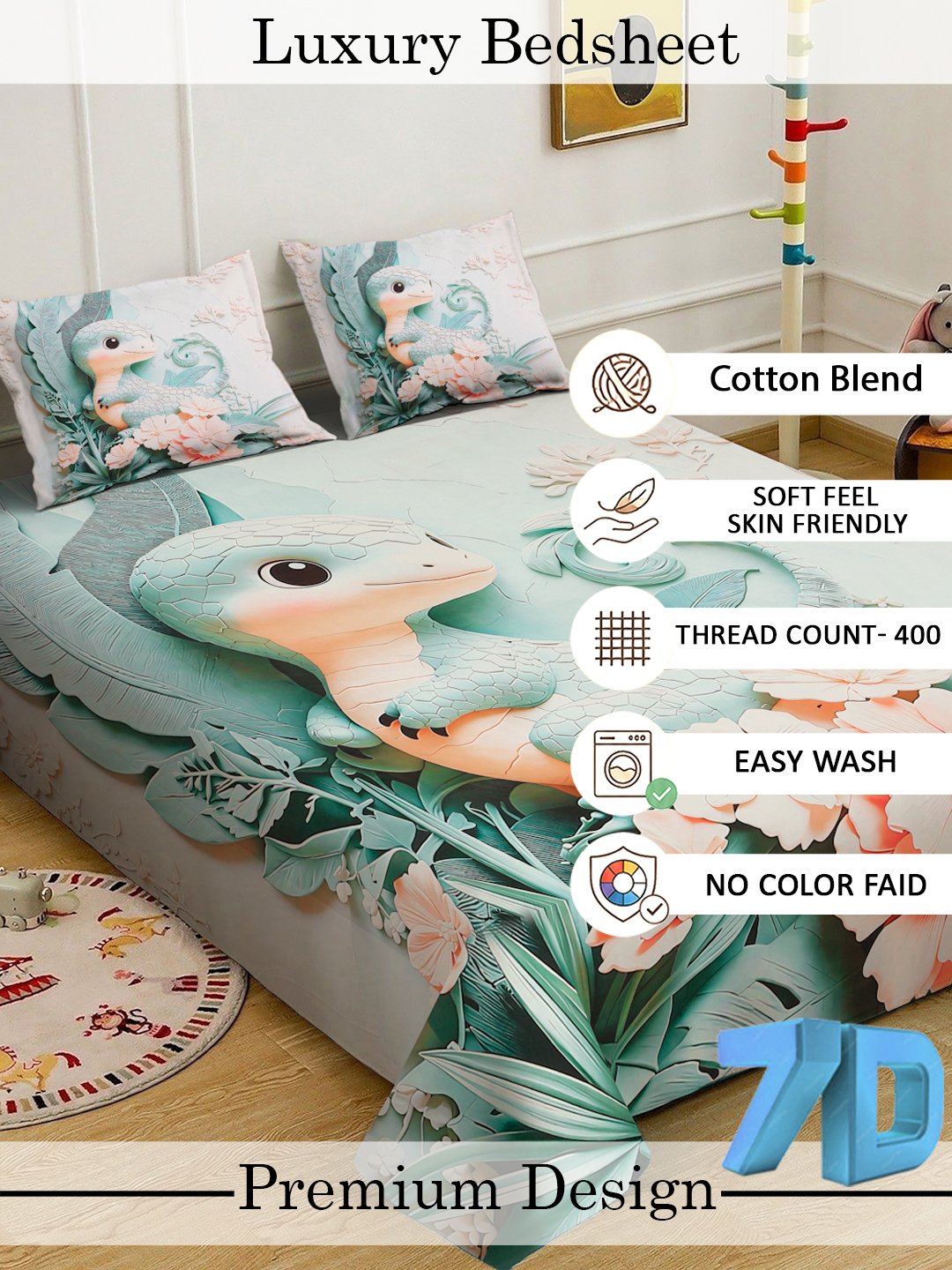 Green Digital Animal Printed Cotton Blend Fitted Double Bedsheet with 2 Pillow Covers