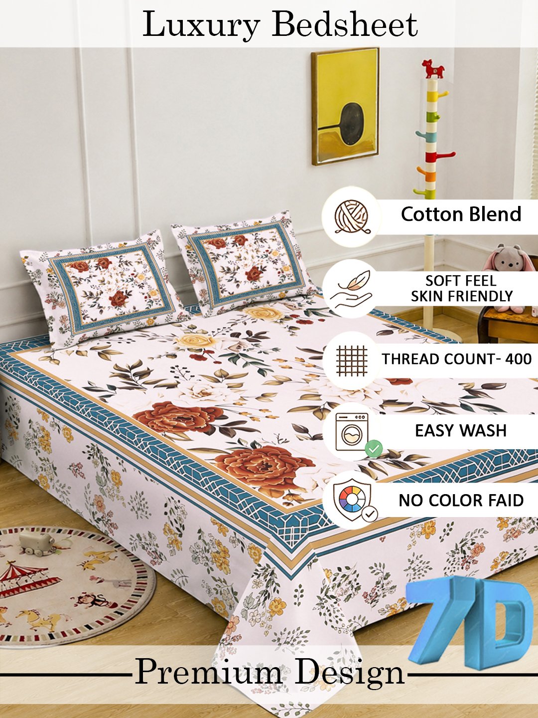 Digital Multi Floral Cotton Blend Double Bedsheet with 2 Pillow Covers