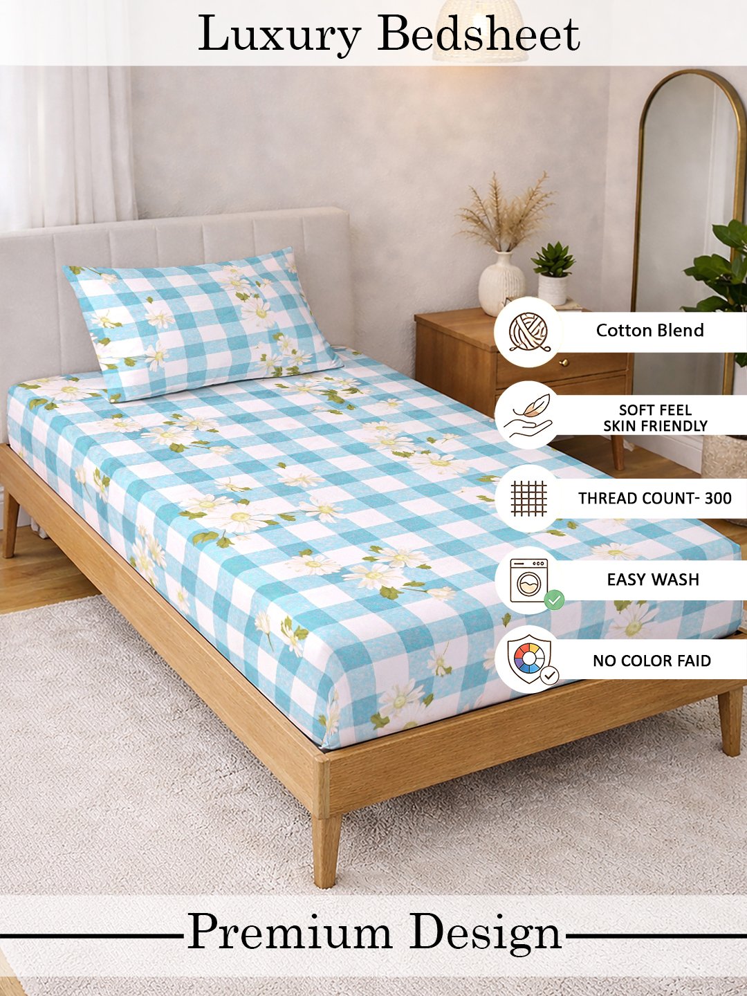 Blue Floral Cotton Blend Single Bedsheet with Pillow Cover