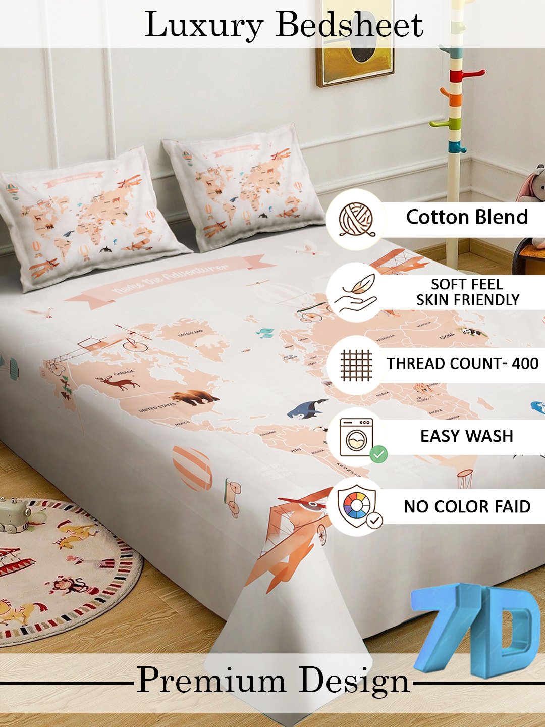 OffWhite Digital Graphic Printed Cotton Blend Fitted Double Bedsheet with 2 Pillow Covers