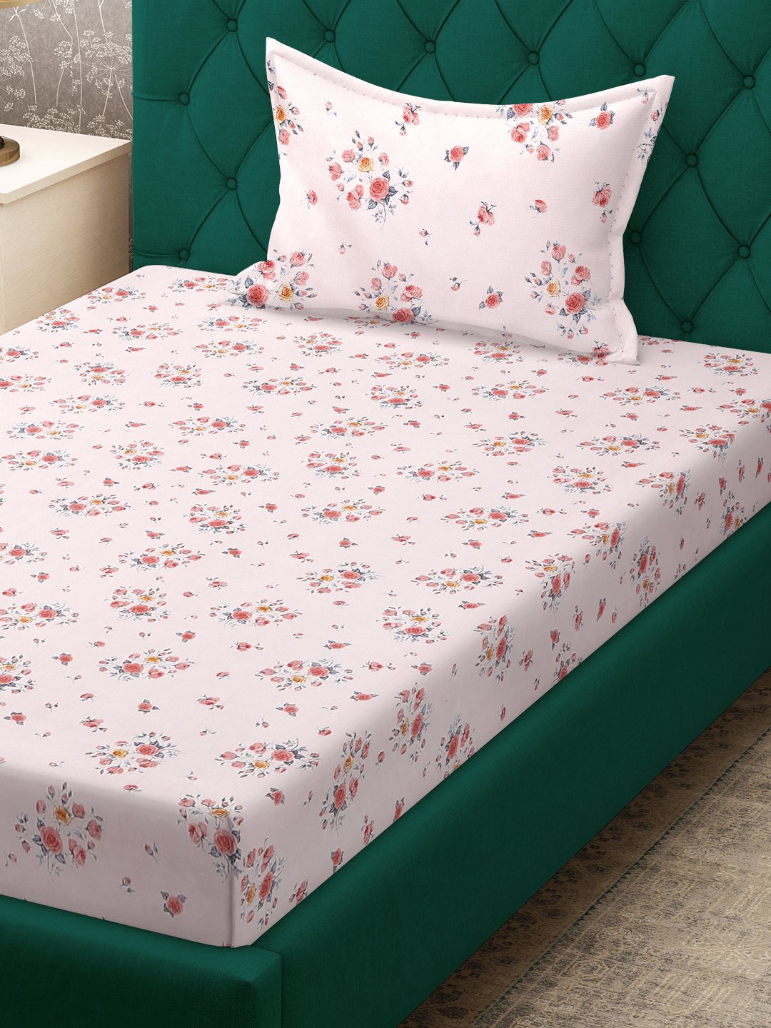 Pink Floral 300 TC Cotton Blend Single Bedsheet Set in Book Fold Packing