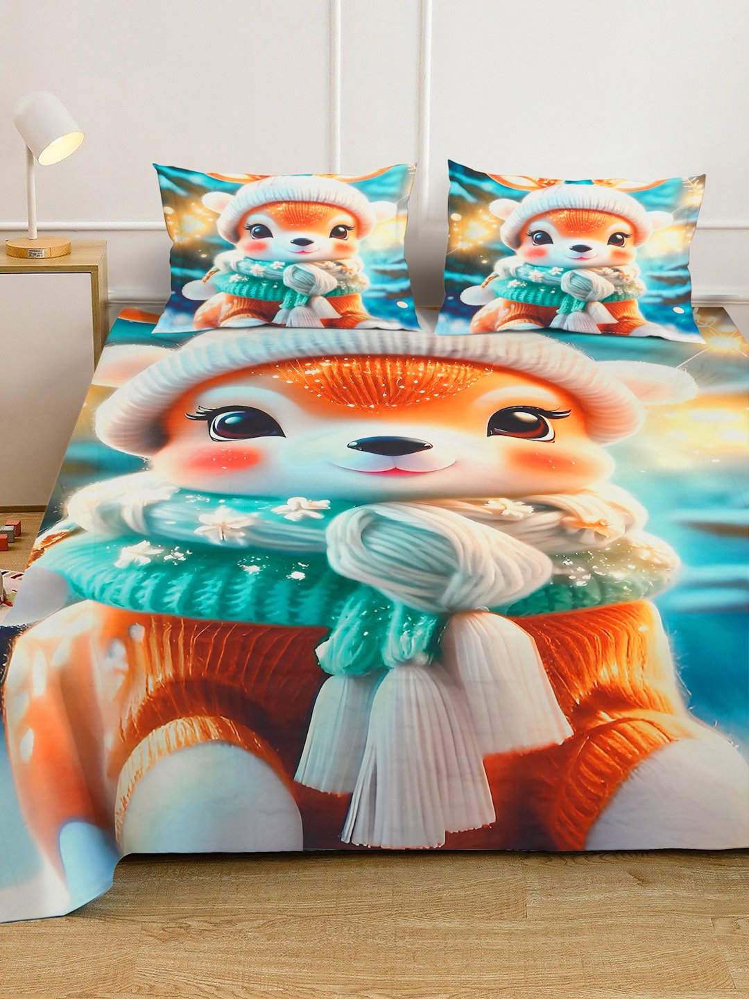 Multi 7D Cartoon Characters Printed Fitted Cotton Blend Double Bedsheet with 2 Pillow Covers