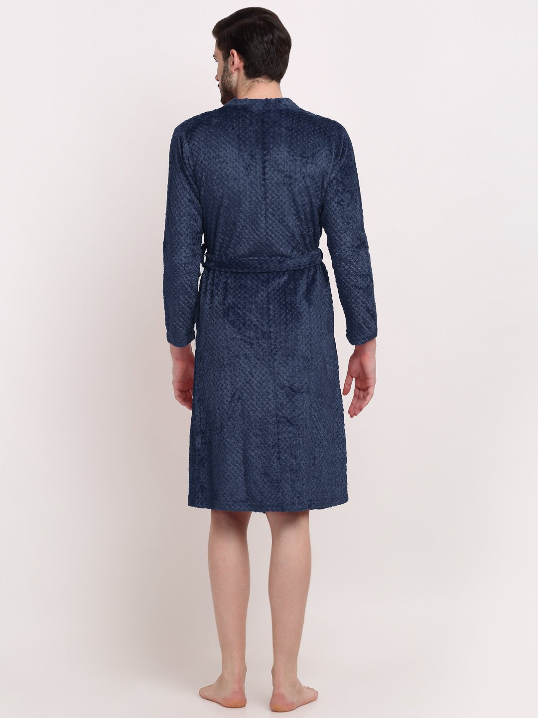 Men NavyBlue Self Design Wool Bath Robe With Belt