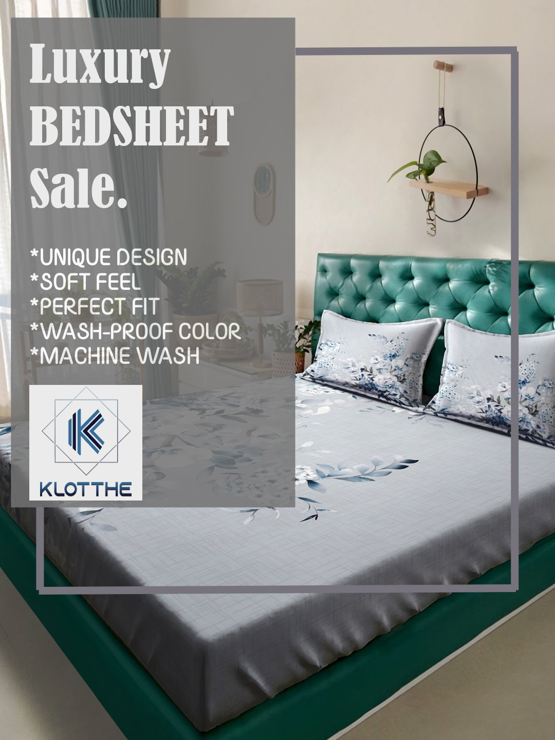 Grey Digital Floral Printed Cotton Blend Fitted Fitted Double Bedsheet with 2 Pillow Covers