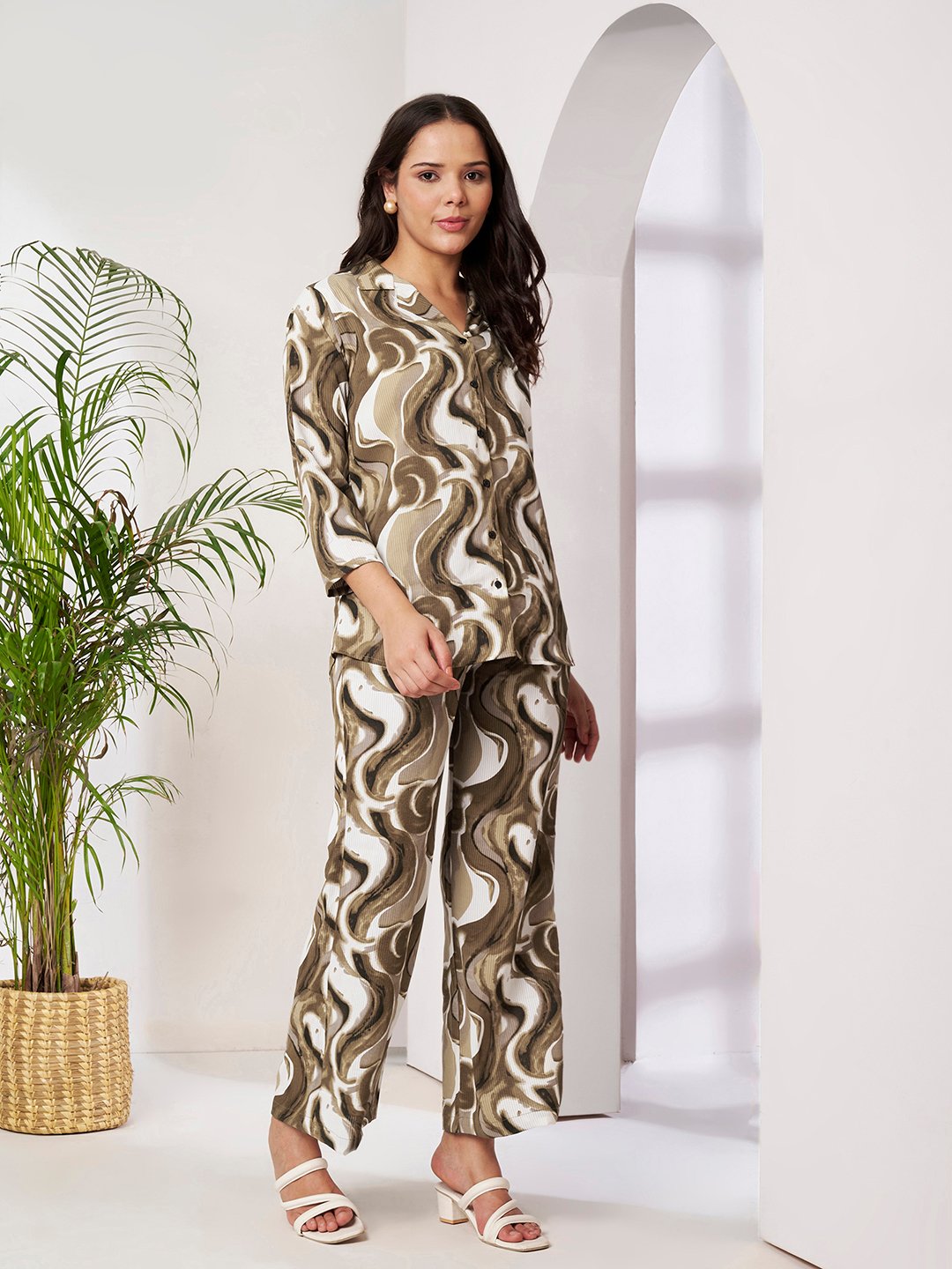 Brown Cotton Printed Shirt With Trousers Co-Ords Set