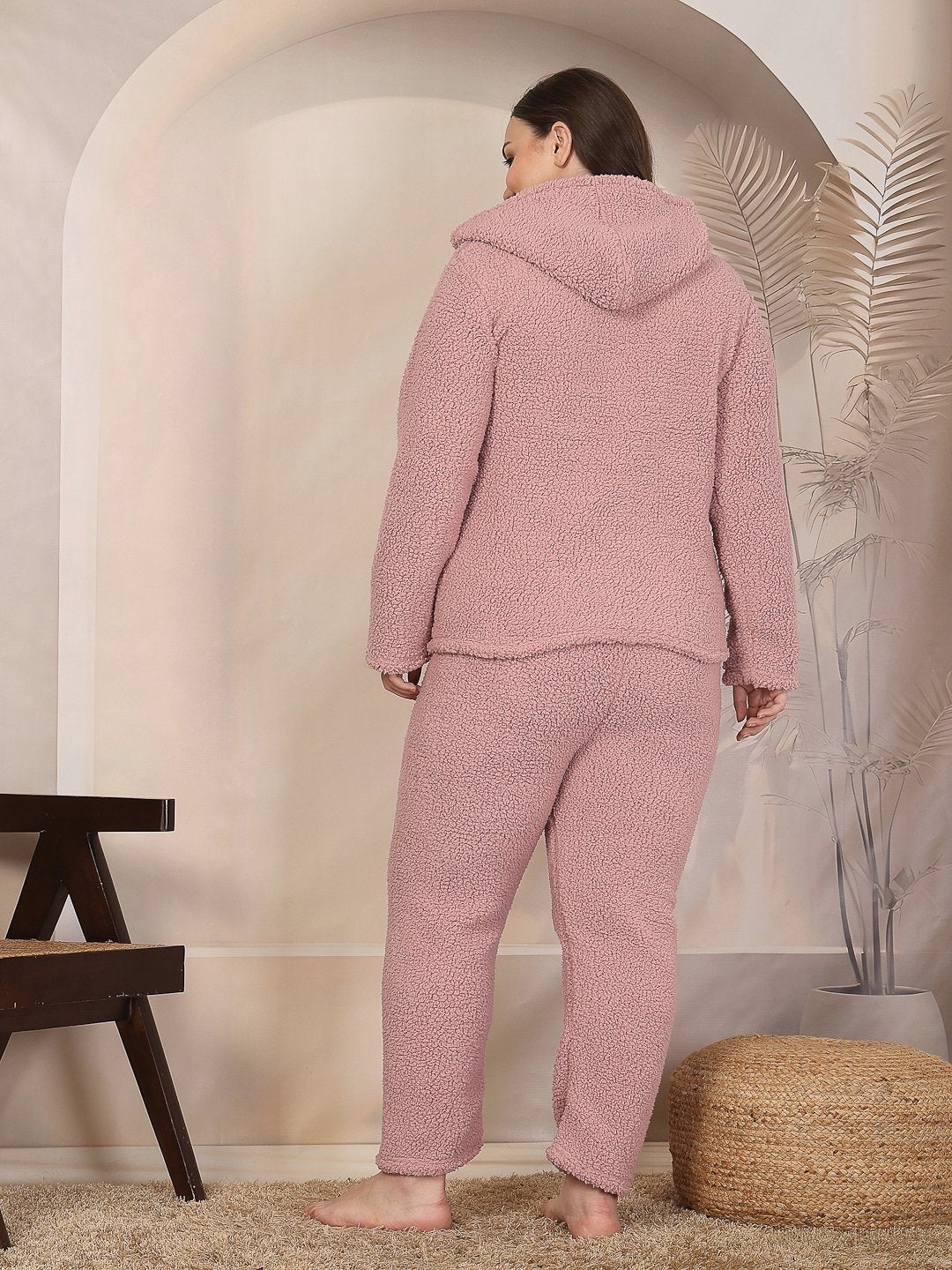 Women Rust Solid Sherpa Heavy Winter Hooded Pluz Size Woolen Night Suit