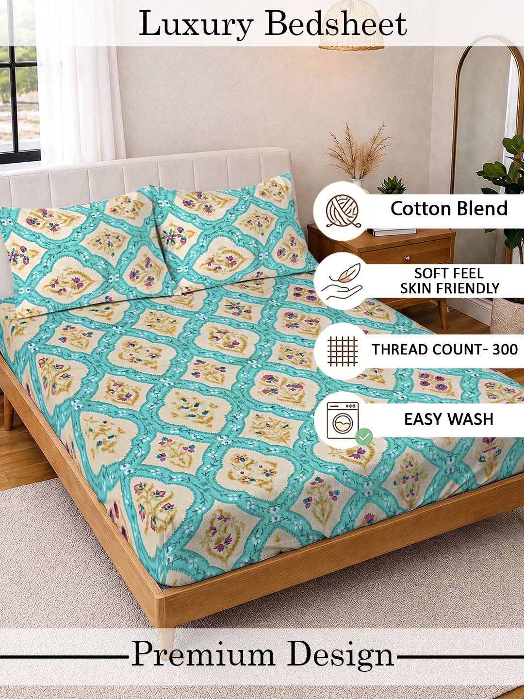 Multi Floral Cotton Blend Double Bedsheet with 2 Pillow Covers