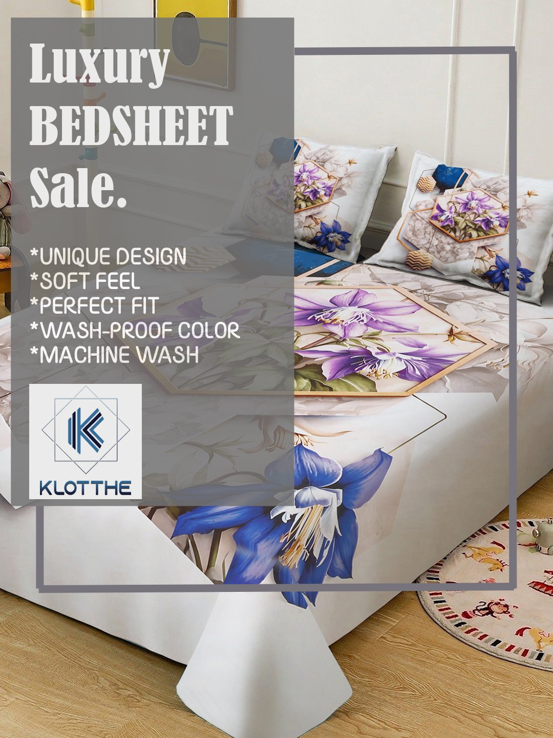 Multi Digital Floral Printed Cotton Blend Fitted Double Bedsheet with 2 Pillow Covers