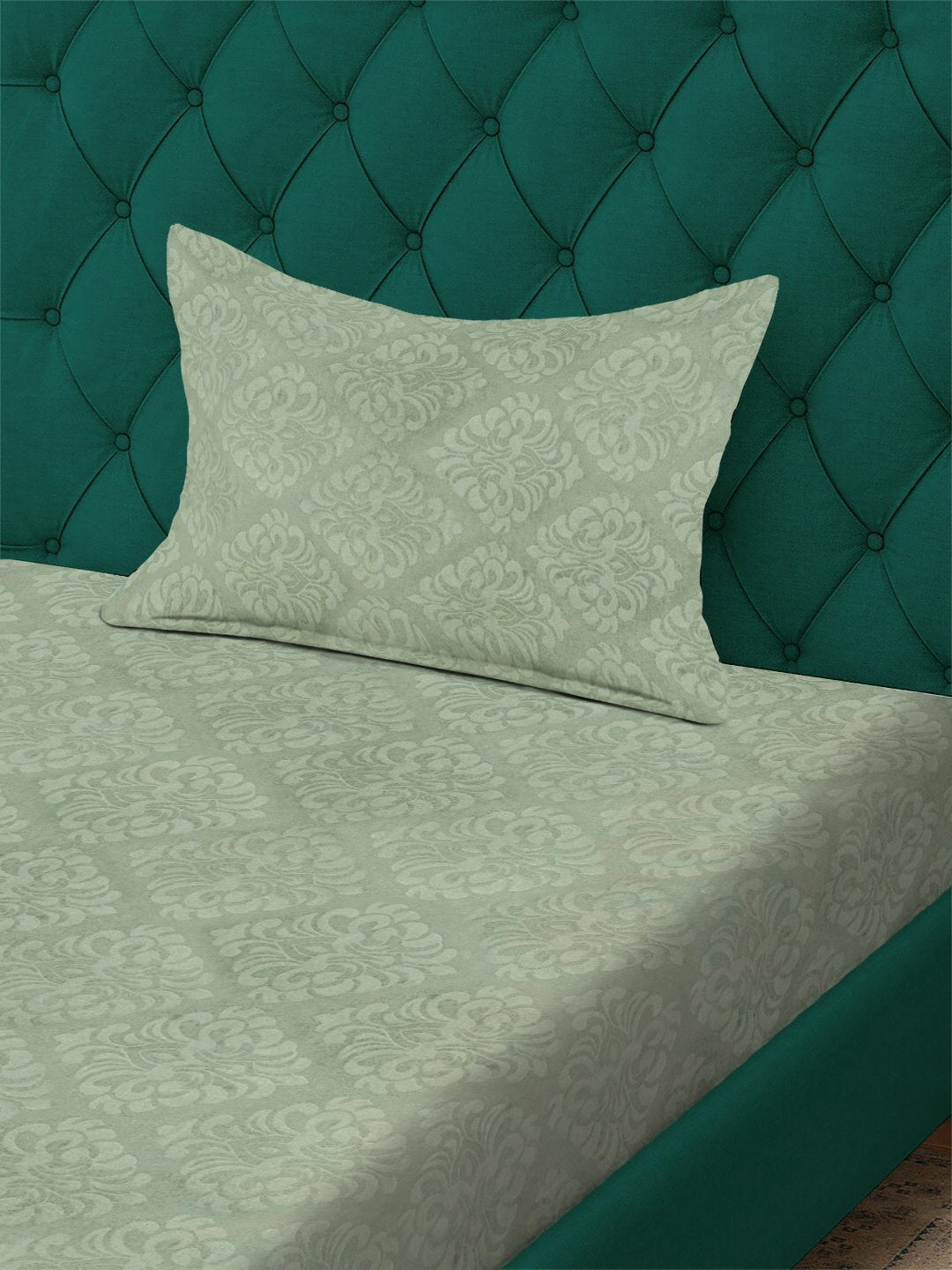 Green Floral Embossed Cotton Blend Single Bedsheet with Pillow Cover