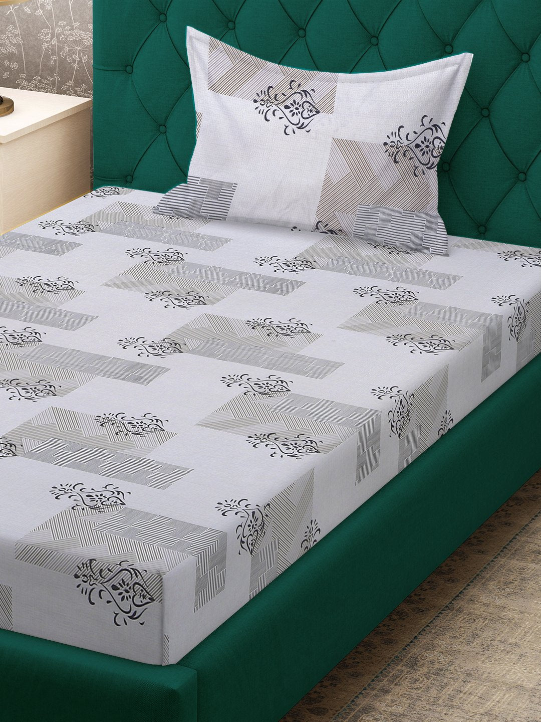 Grey Ethnic Motifs 300 TC Cotton Blend Fitted Single Bedsheet in Book Fold Packing