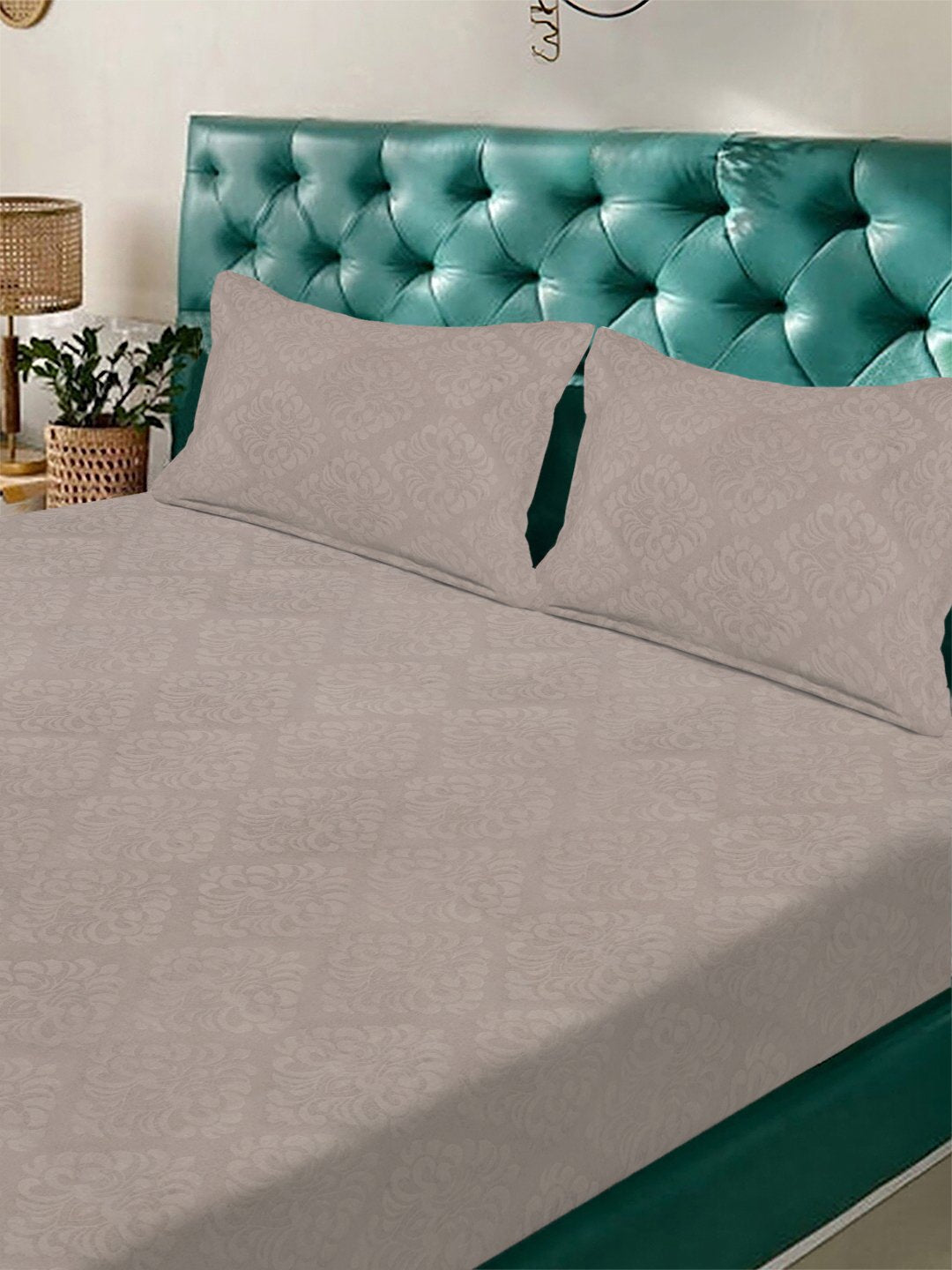 Beige Floral Embossed Cotton Blend Double Bedsheet with 2 Pillow Covers