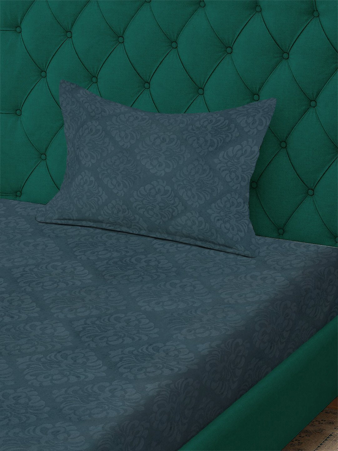 Blue Floral Embossed Cotton Blend Fitted Fitted Single Bedsheet with Pillow Cover