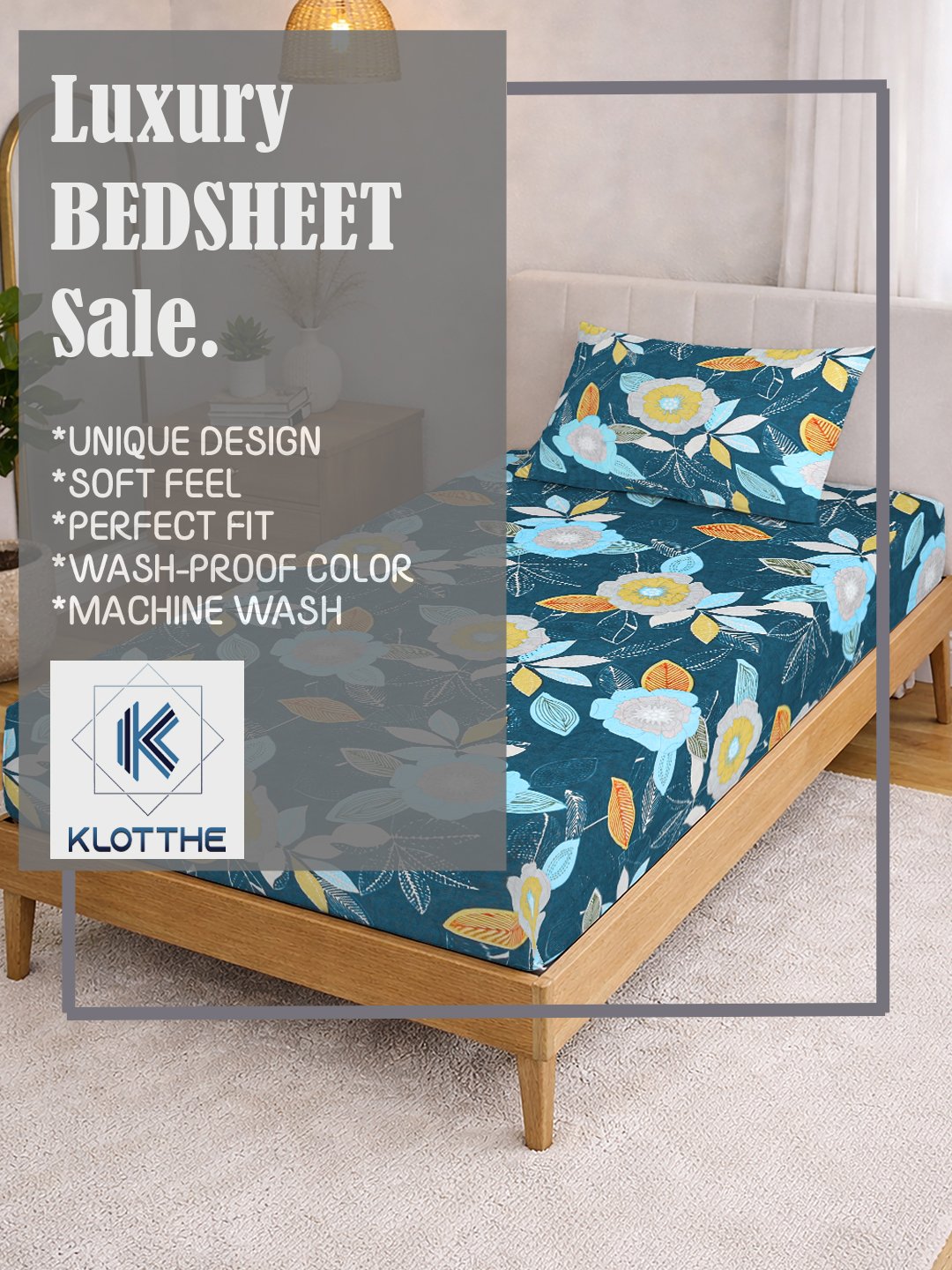 Blue Floral Cotton Blend Fitted Single Bedsheet with Pillow Cover