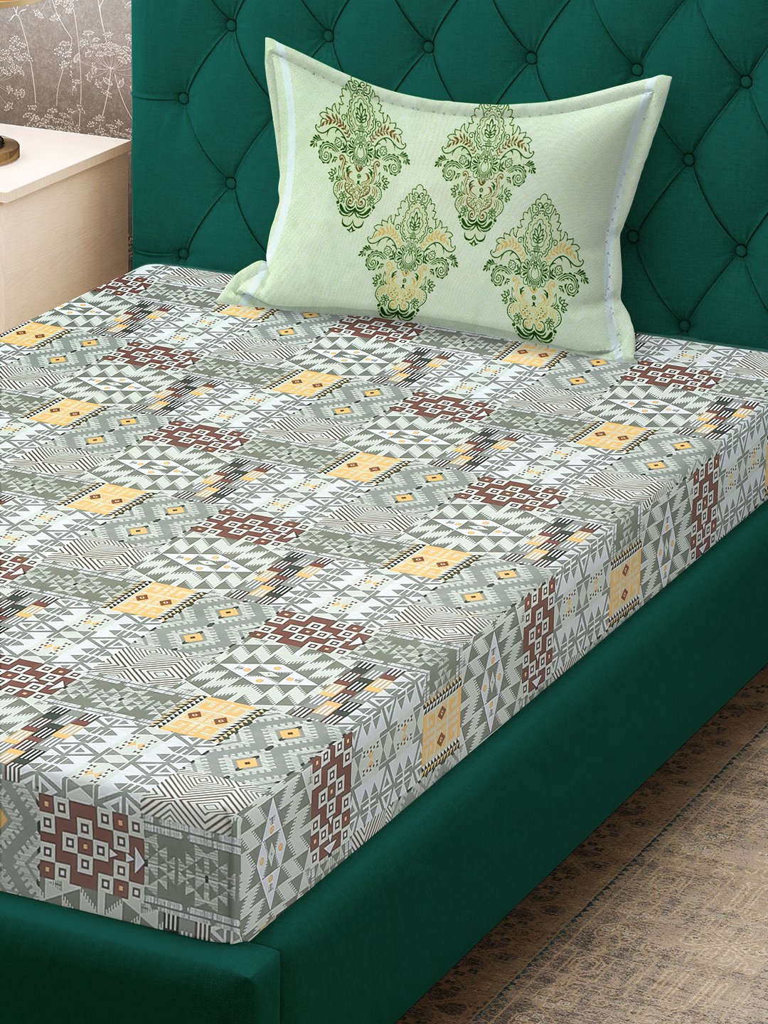Multi Geometric 400 TC Pure Cotton Single Bedsheet with Pillow Cover