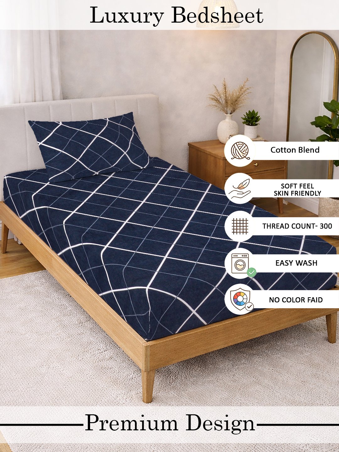 Blue Geometric Cotton Blend Fitted Single Bedsheet with Pillow Cover