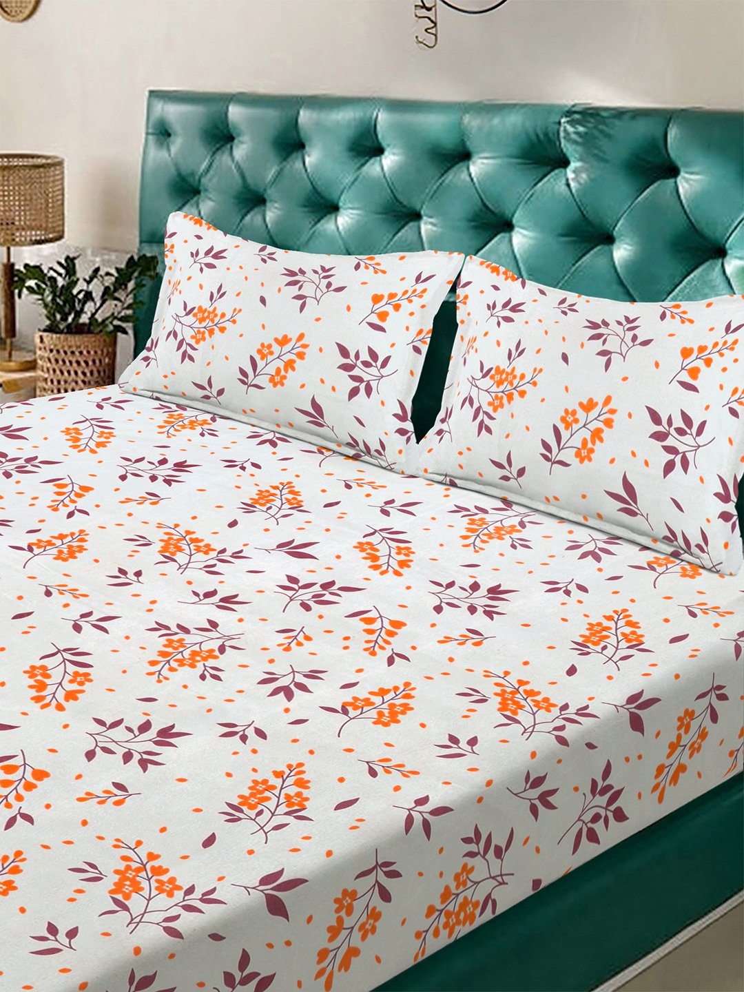 White Floral 300 TC Cotton Blend Double Bedsheet with 2 Pillow Covers