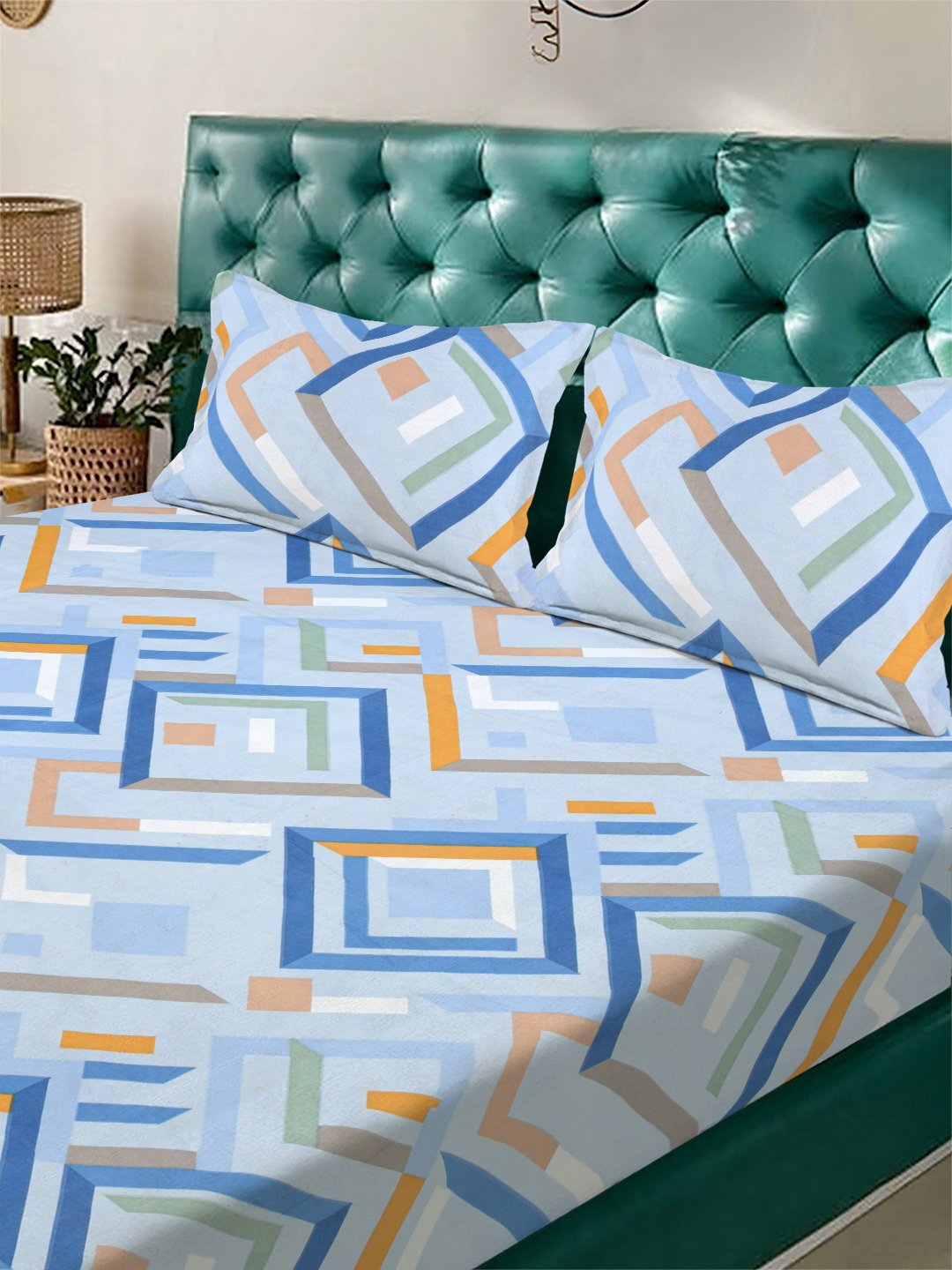 Blue Geometric 300 TC Cotton Blend Fitted Double Bedsheet with 2 Pillow Covers