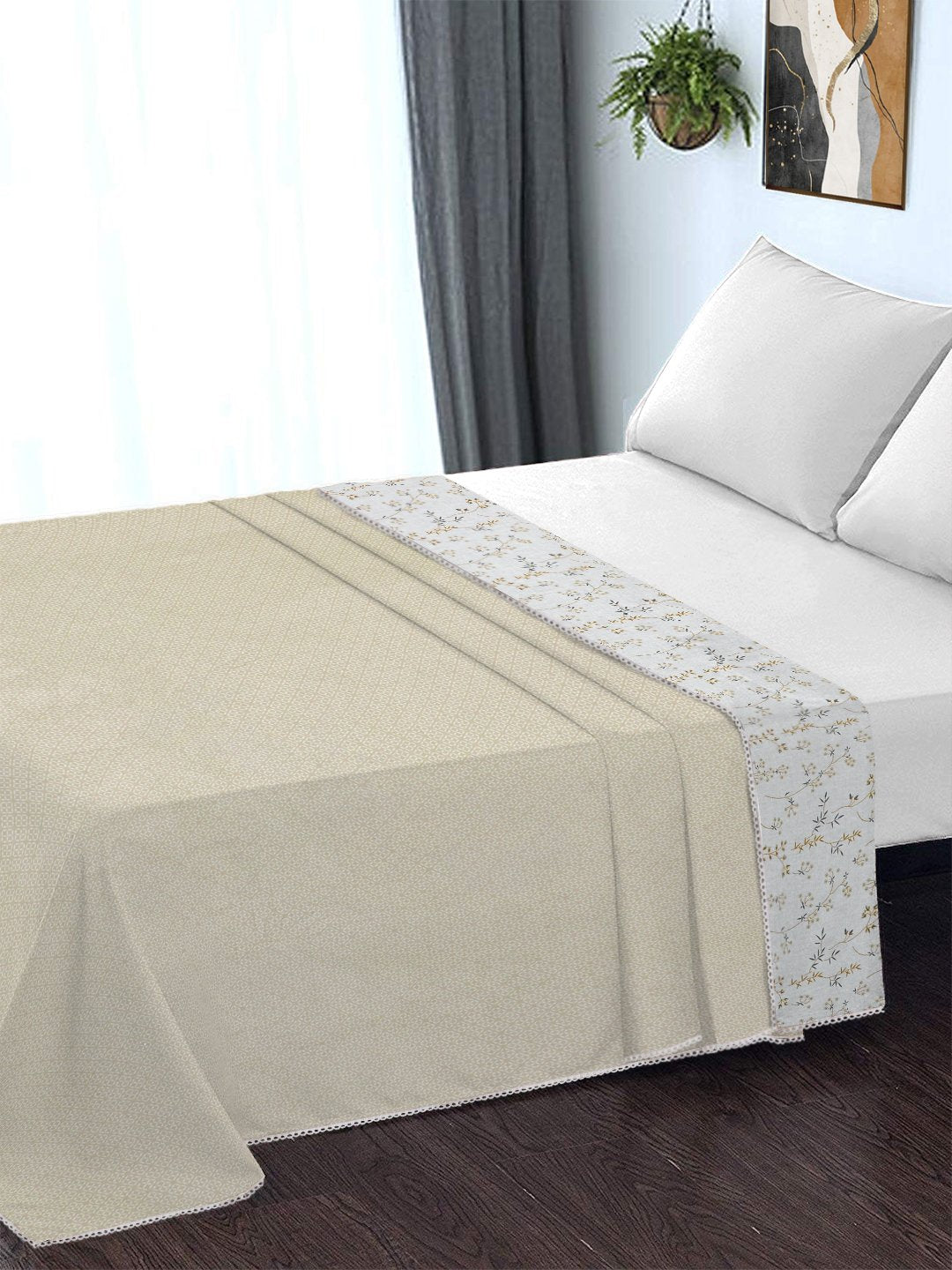 Beige Pure Cotton Floral Double Bed Dohar