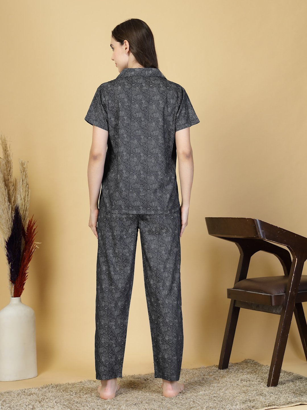 Women Black Abstract Pure Cotton Night Suit