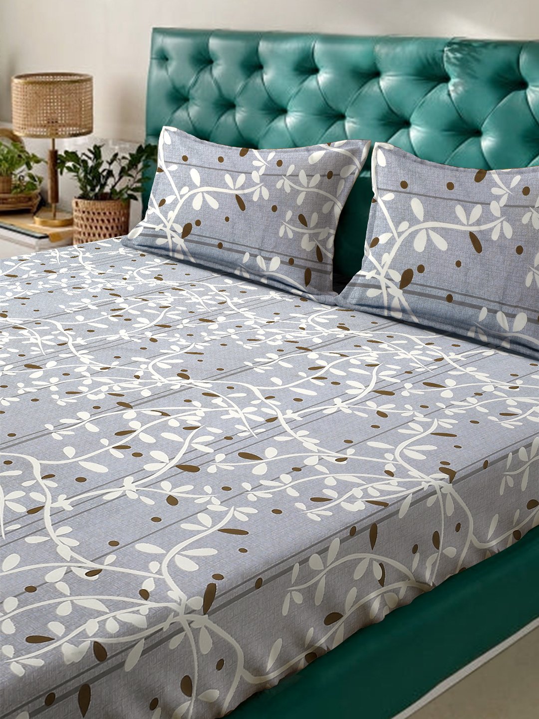 Grey Floral  300 TC Cotton Blend Fitted Double Bedsheet with 2 Pillow Covers