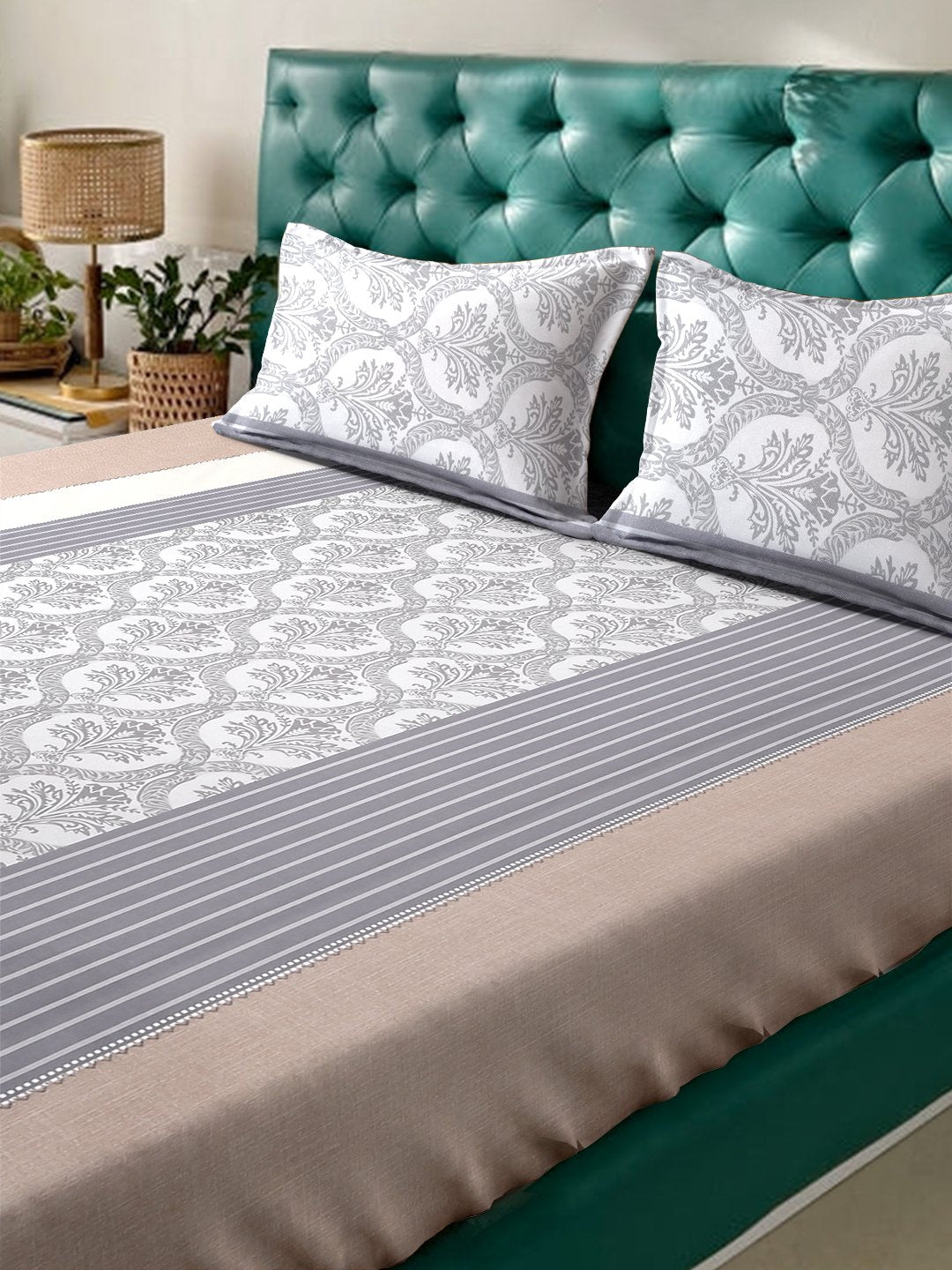 Multi Floral  300 TC Cotton Blend Fitted Double Bedsheet with 2 Pillow Covers