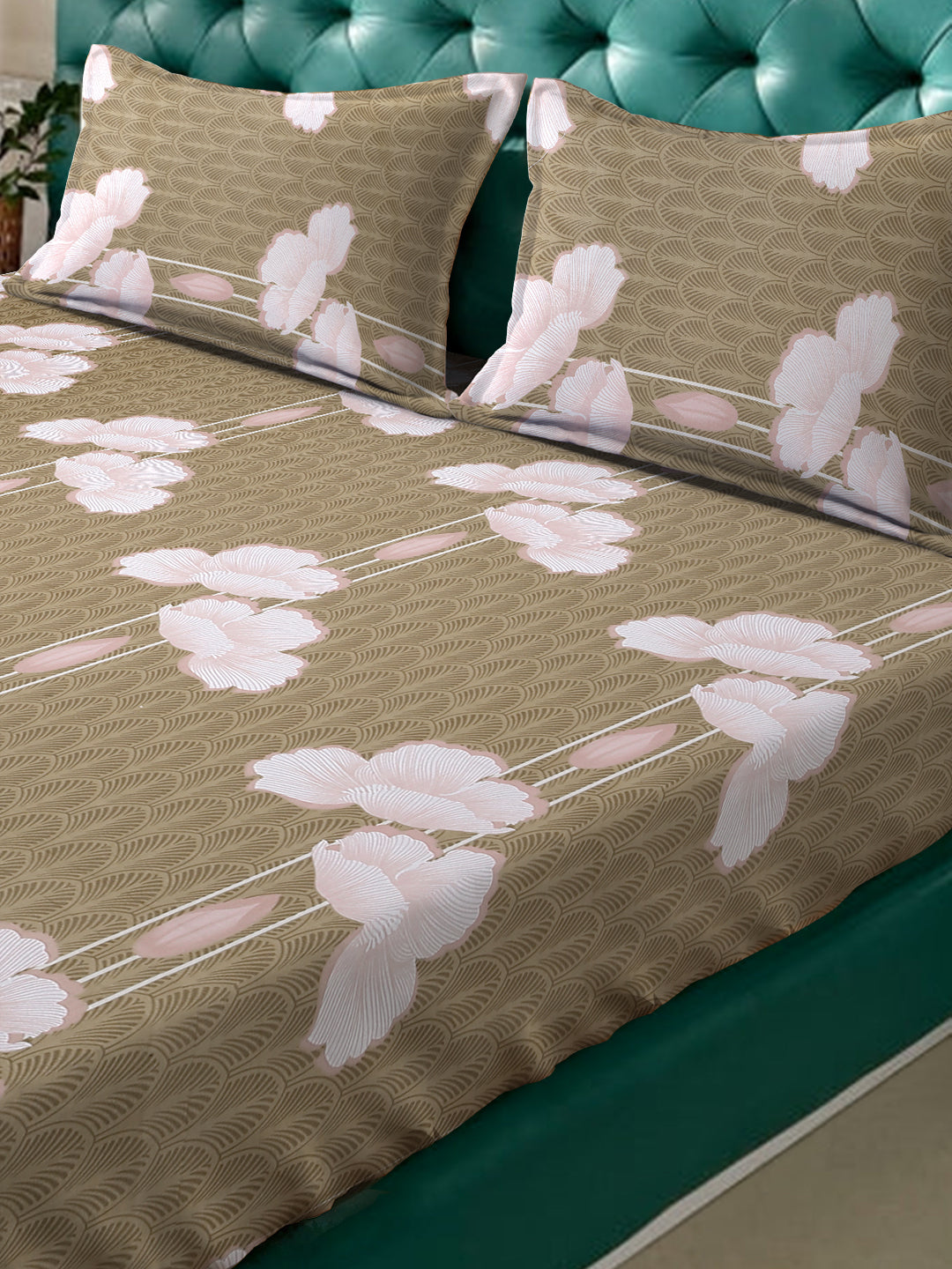 Klotthe Mustard Floral 400 TC Pure Cotton Fitted Double Bedsheet with 2 Pillow Covers