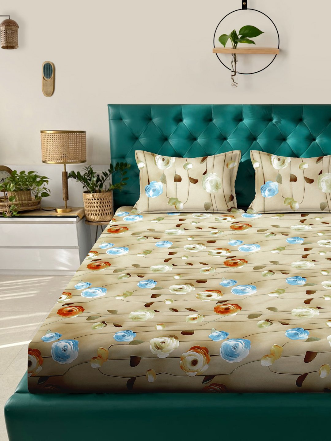 Beige Floral 7D King Size Cotton Blend Double Bedsheet with 2 Pillow Covers