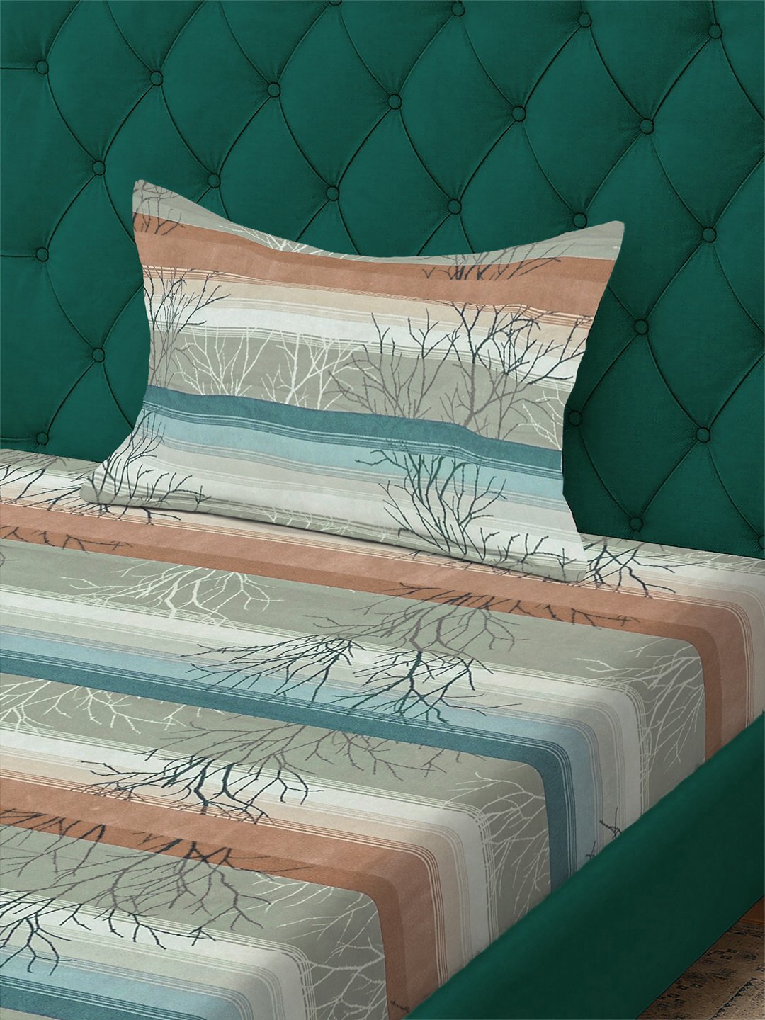 Multi Striped 300 TC Cotton Blend Single Bedsheet with Pillow Cover