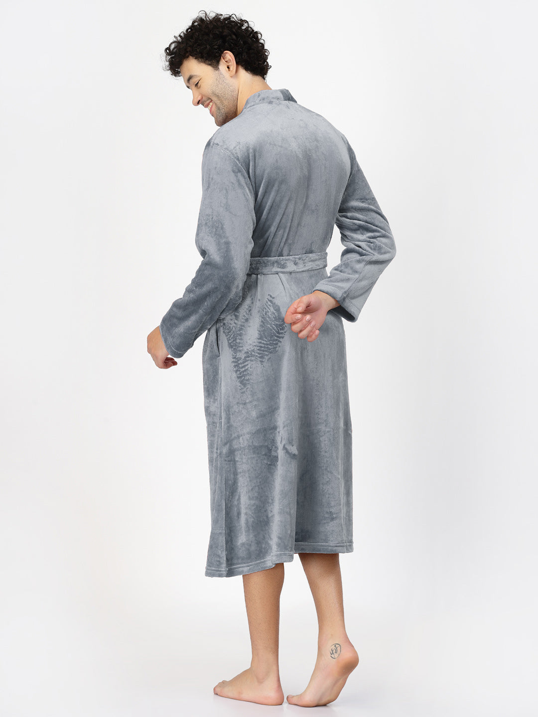 Klotthe Men Grey Solid Bath Robe With Belt