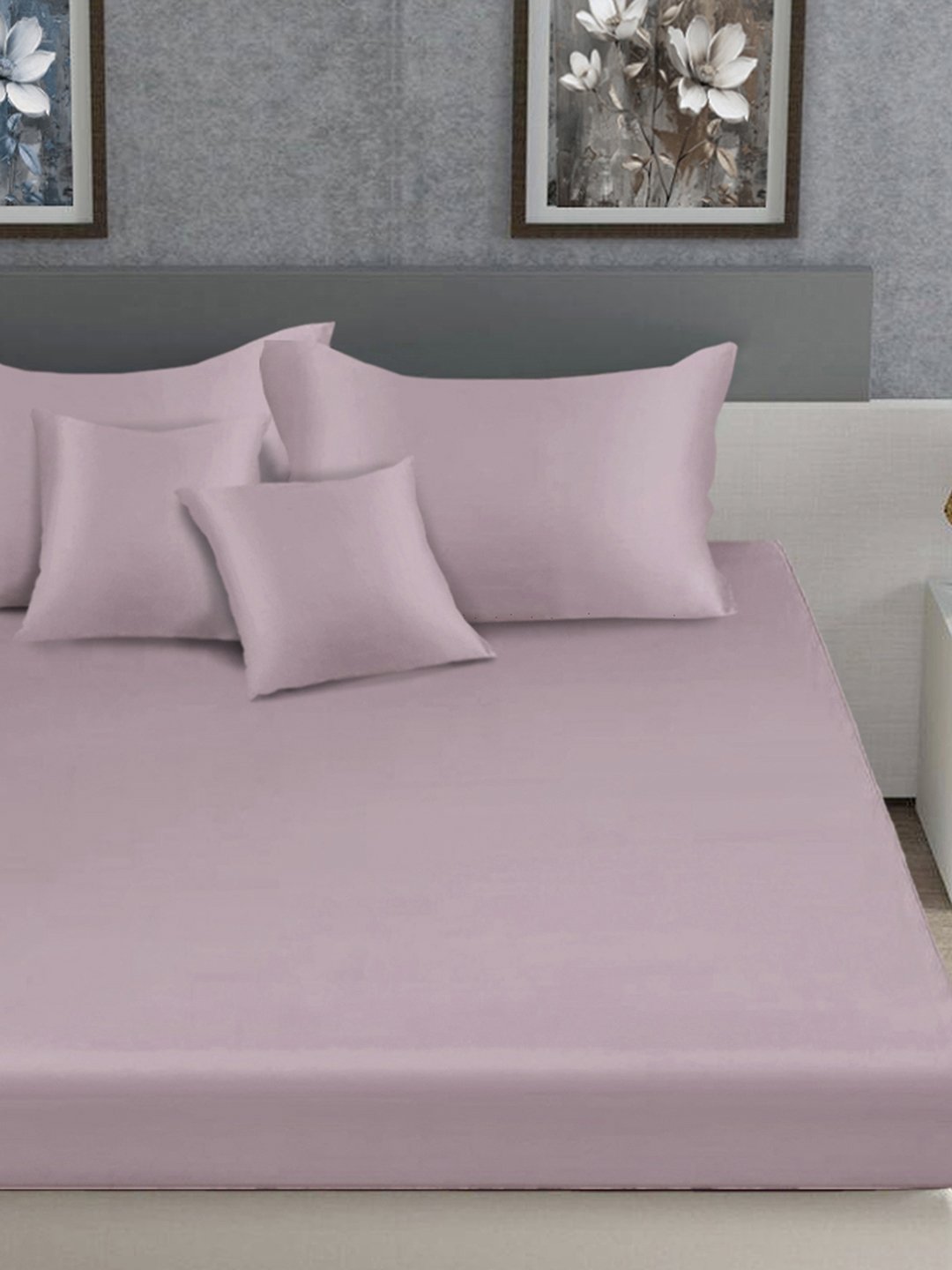 LightPink Solid 400 TC Satin Fitted Super King Double Bedsheet with 2 Pillow Covers & 2 Cushion Covers