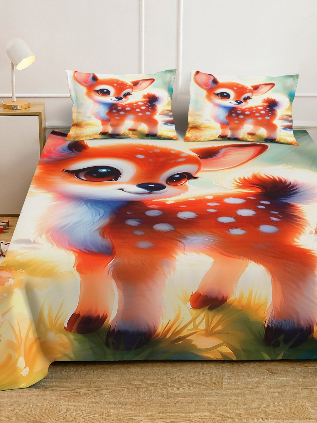 Orange 7D Animal Printed Fitted Cotton Blend Double Bedsheet with 2 Pillow Covers