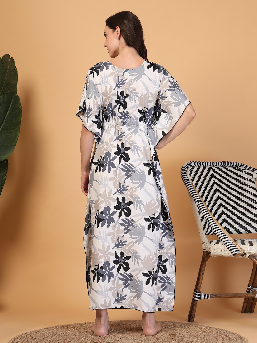 Grey Floral Cotton Blend Kaftan Maxi Nightdress