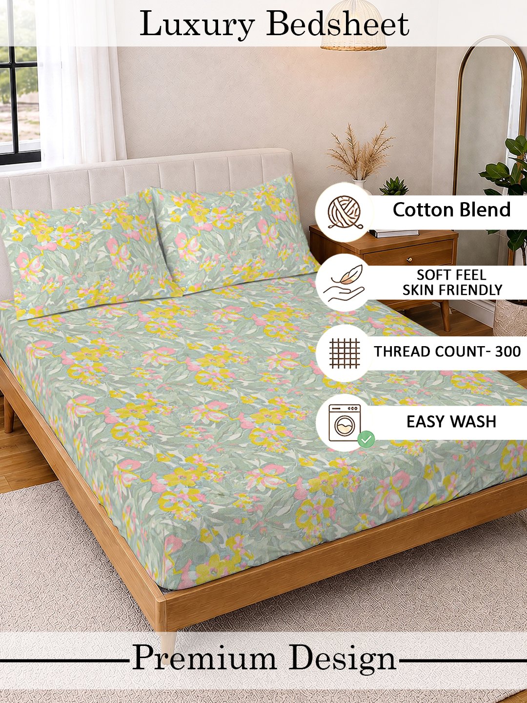 Green Floral Cotton Blend Double Bedsheet with 2 Pillow Covers
