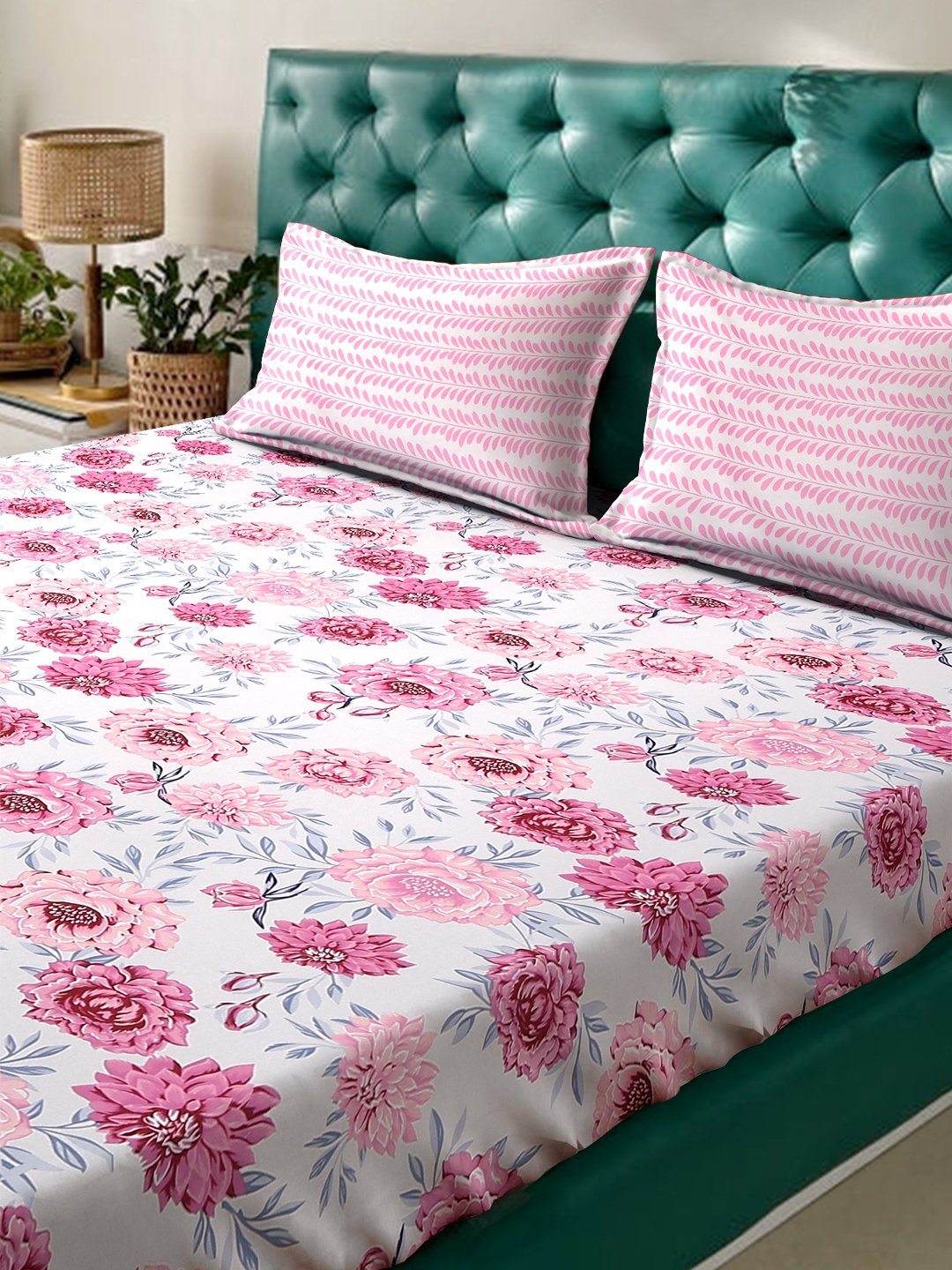 Pink Floral 300 TC Cotton Blend Double Bedsheet in Book Fold Packing