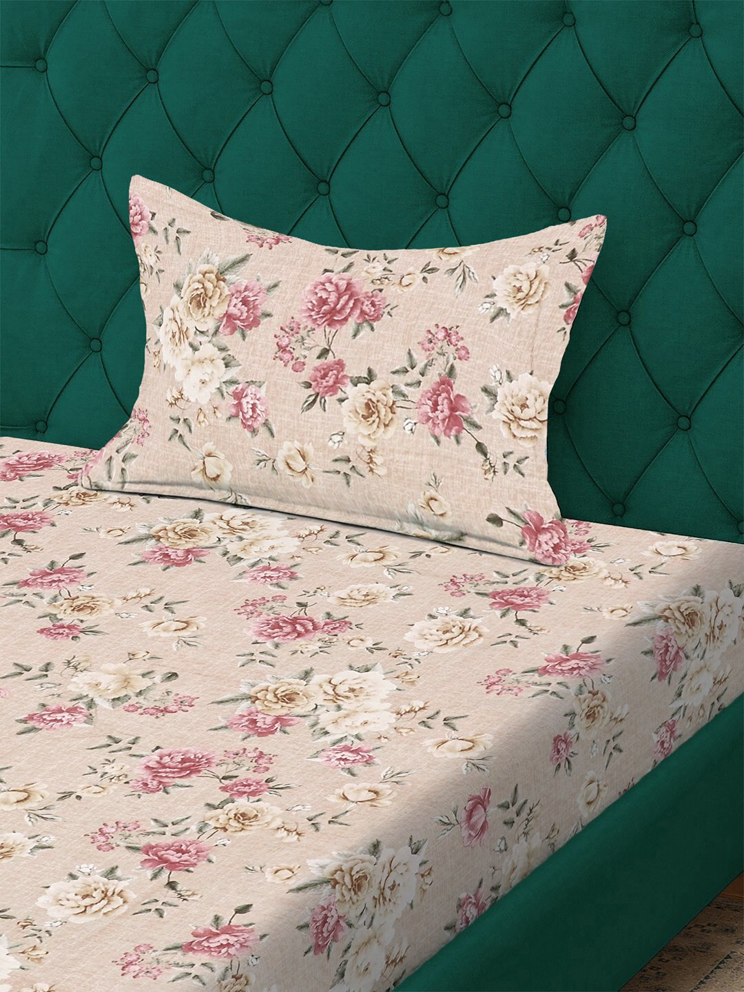 Beige Floral 300 TC Cotton Blend Single Bedsheet with Pillow Cover