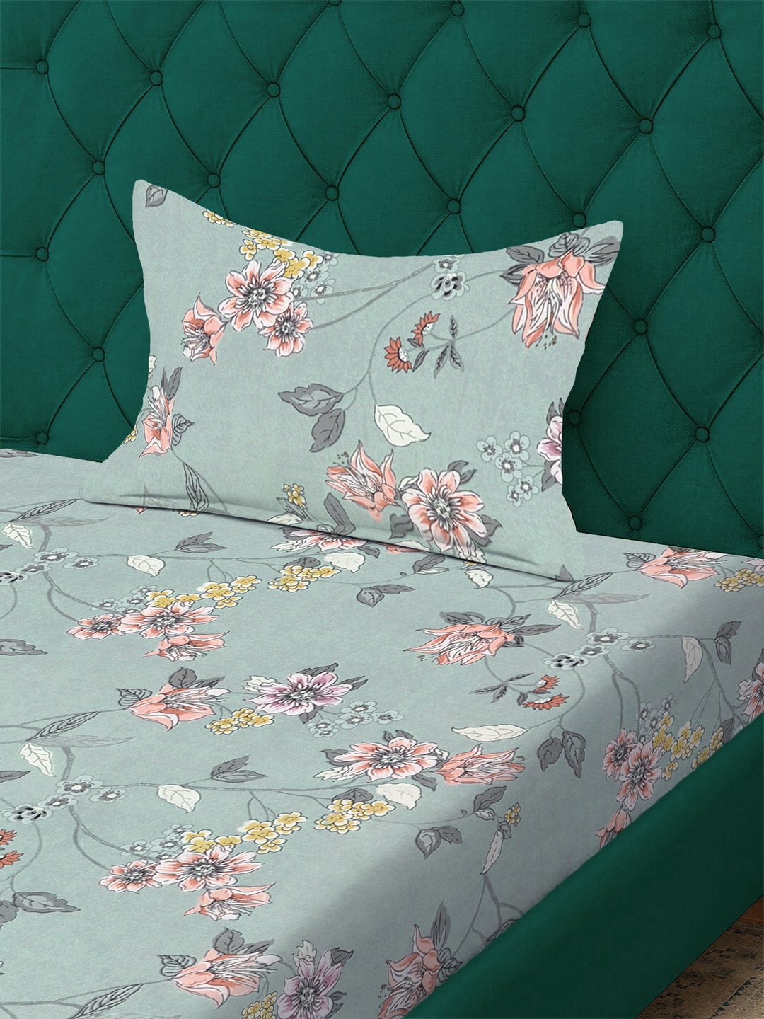Green Floral 300 TC Cotton Blend Single Bedsheet with Pillow Cover