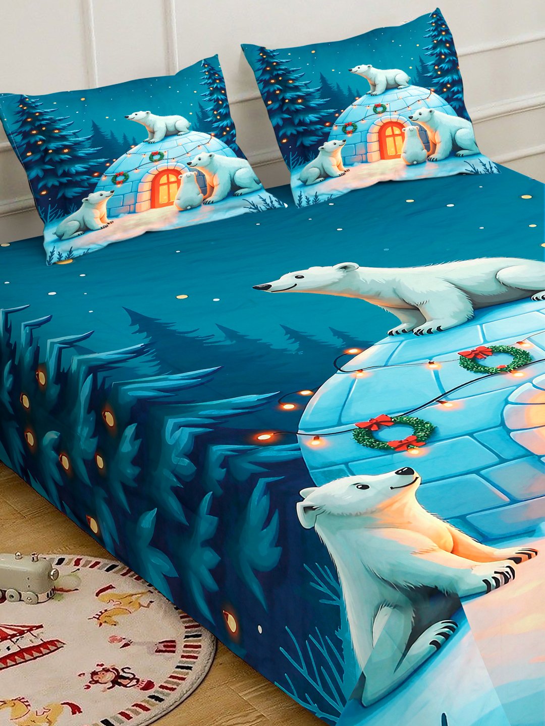 Blue Cartoon Characters 7D King Size Cotton Blend Fitted Double Bedsheet with 2 Pillow Covers