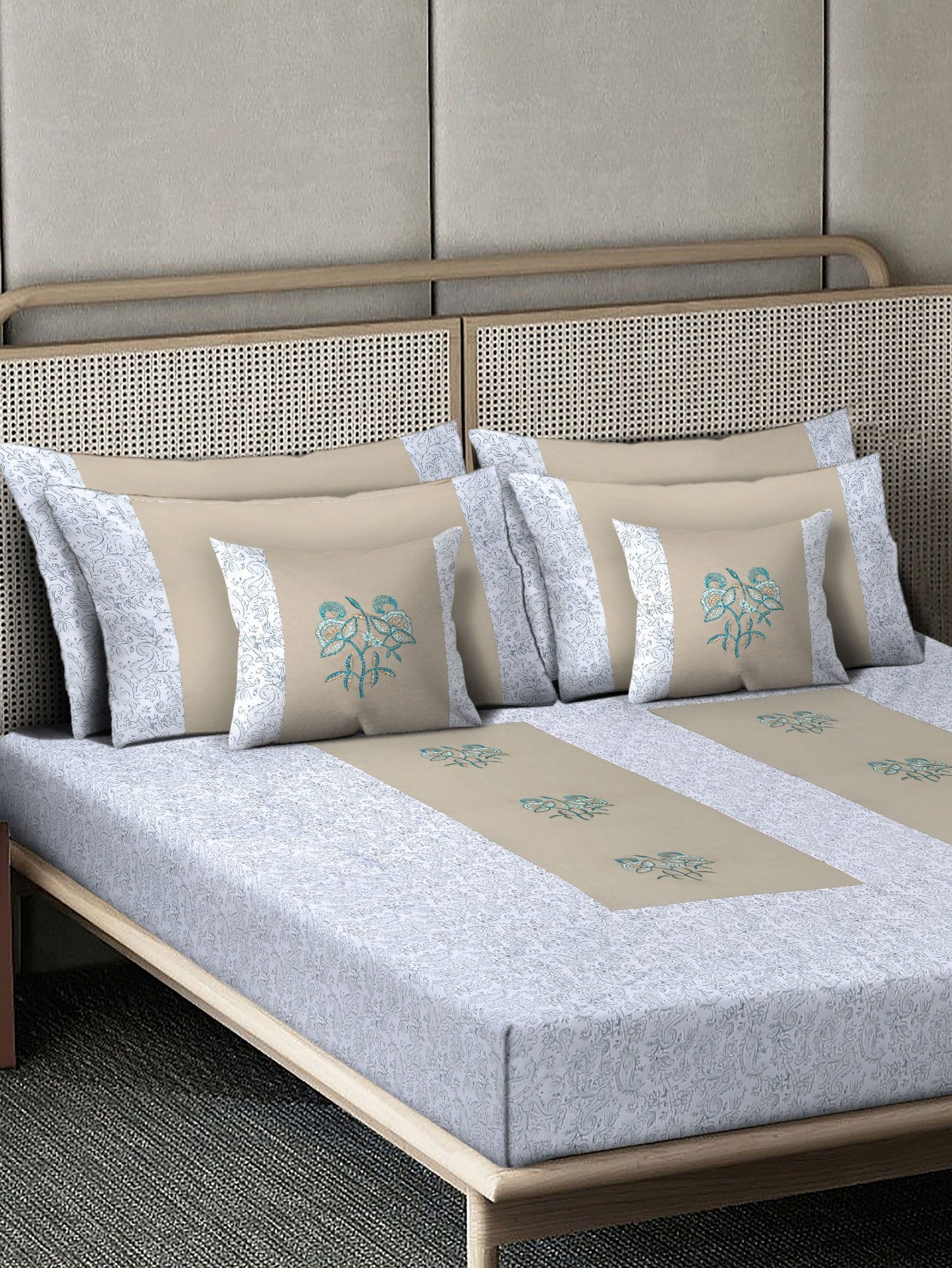 Beige Floral Embroidered 400 TC Cotton Fitted Double Bedsheet with 4 Pillow Covers & 2 Cushion Covers