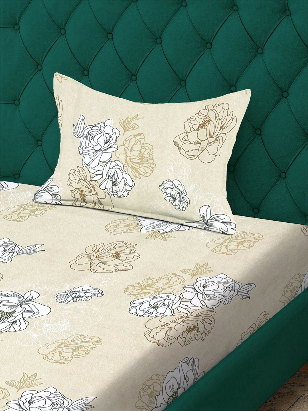 Cream Floral 300 TC Cotton Blend Single Bedsheet with Pillow Cover