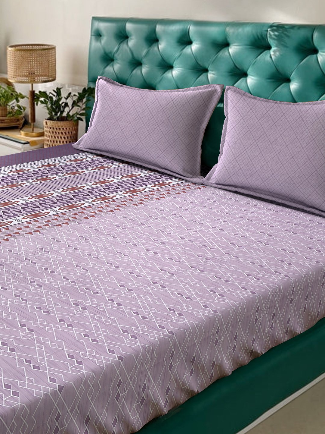 Purple Geometric 400 TC Pure Cotton Super King Fitted Double Bedsheet with 2 Pillow Covers