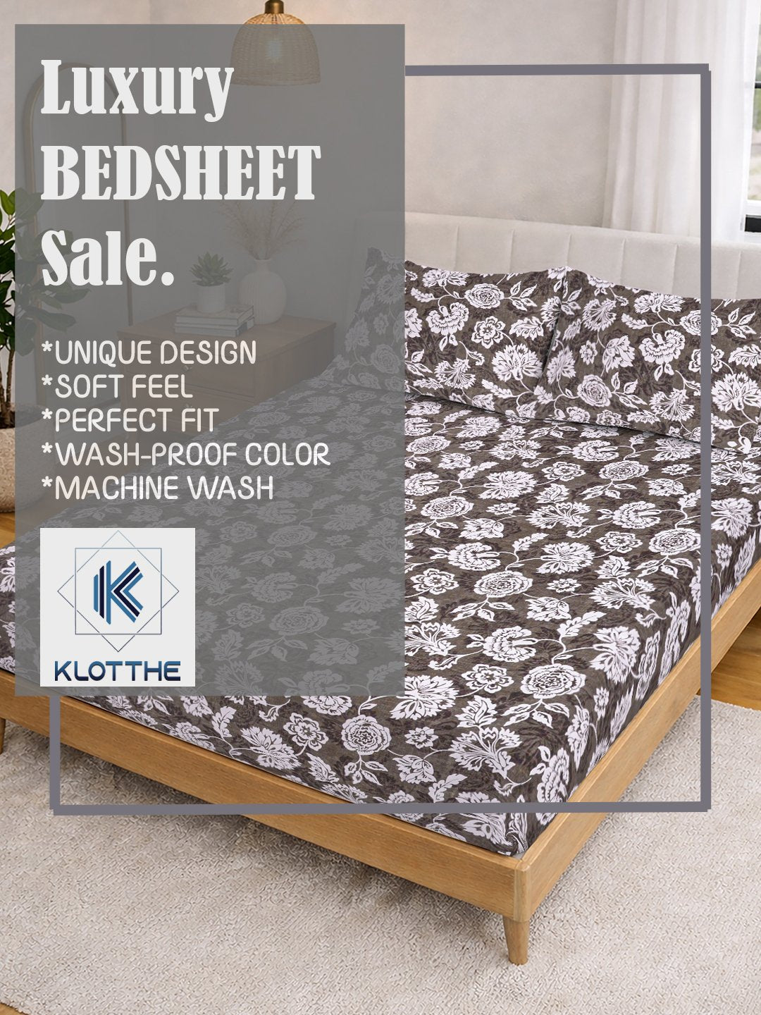 Brown Floral Cotton Blend Double Bedsheet with 2 Pillow Covers