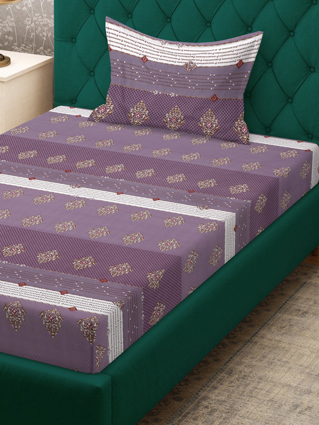 Purple Geometric 300 TC Cotton Blend Fitted Single Bedsheet Set in Book Fold Packing