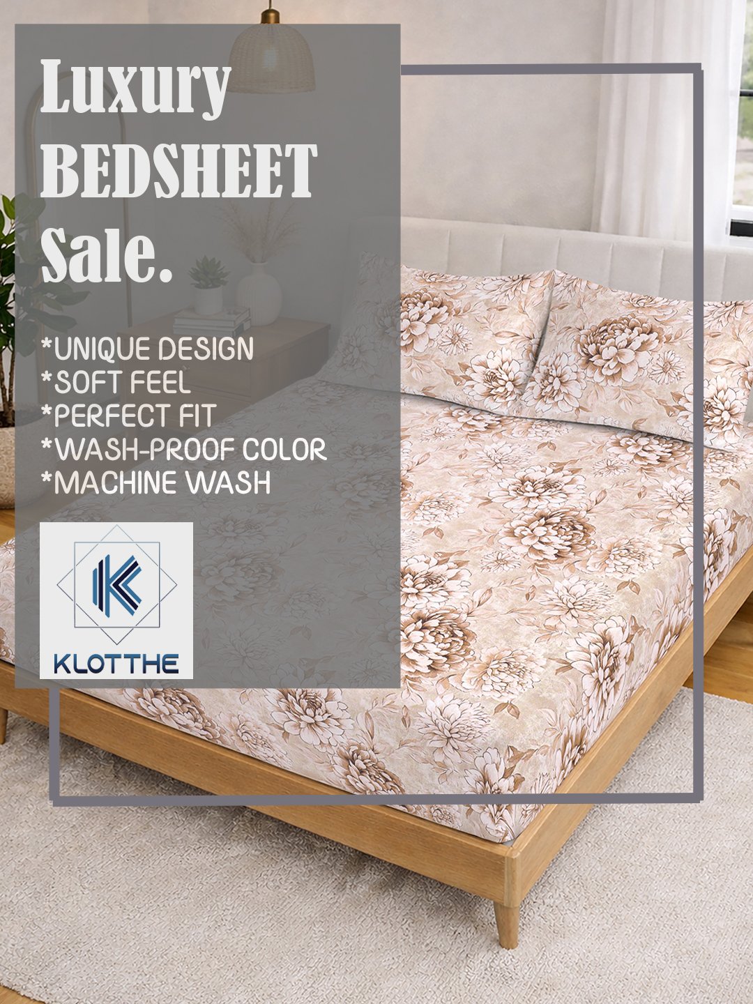 Beige Floral Fitted Fitted Cotton Blend Double Bedsheet with 2 Pillow Covers