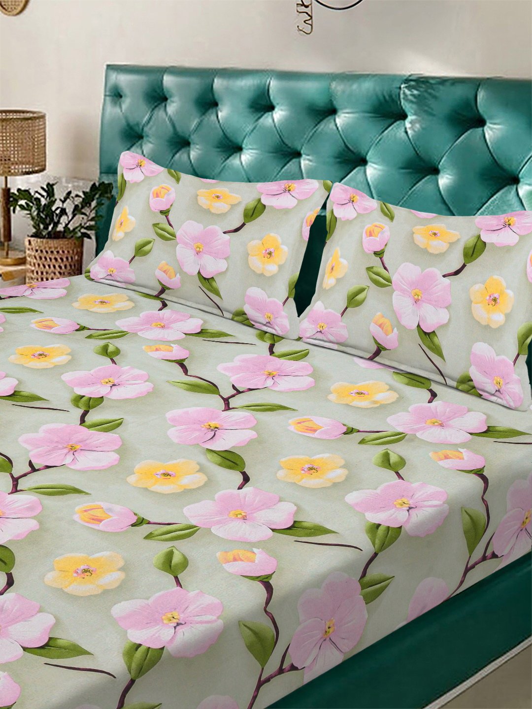 Green Floral 7D King Size Cotton Blend Double Bedsheet with 2 Pillow Covers