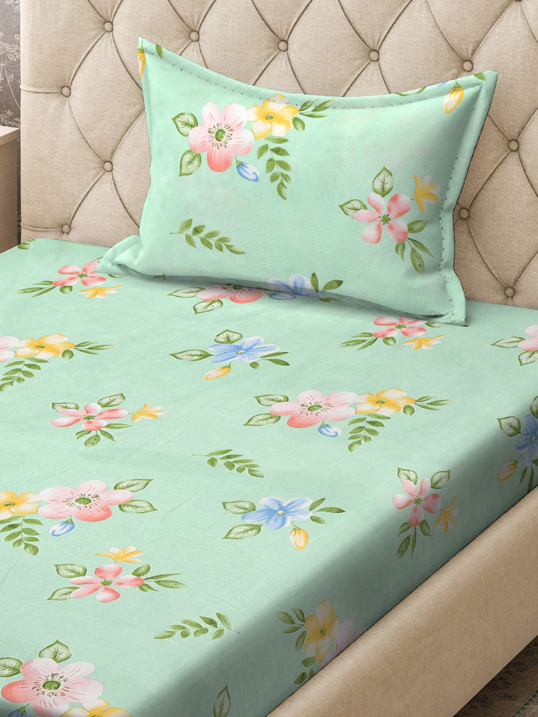 Klotthe Green Floral 300 TC Cotton Blend Fitted Single Bedsheet with Pillow Cover